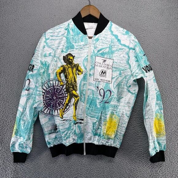 Vintage Columbus Marathon Jacket Mens Medium White Blue All Over New Balance 90s - Picture 1 of 9